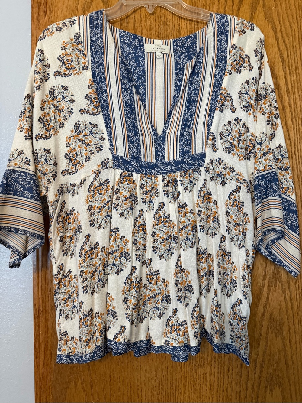 Boho Floral Peasant Top - Blue & Cream